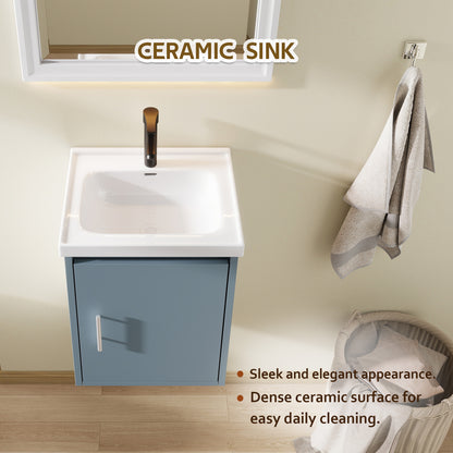 16" Floating Bathroom Vanity with Sink, Modern Wall Mounted Bathroom Vanity with Glossy White Ceramic Sink & Countertop, Soft Close Door, Plywood Storage Cabinet,Blue
