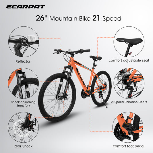 26 Inch Aluminum Mountain Bike Shimano 21 Speed Dual Disc Brake Front Suspension For Women Men Orange
