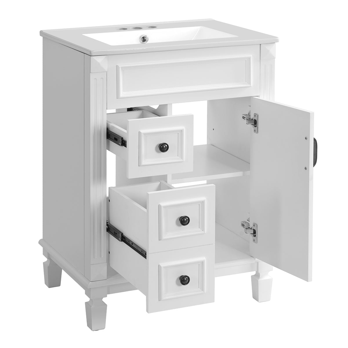 24" Bathroom Vanity with Sink, French Style Bathroom Vanity with 2 Deep Drawers & Adjustable Shelf, Ceramic Sink for 4-Inch Faucet, Soft Close Door,White