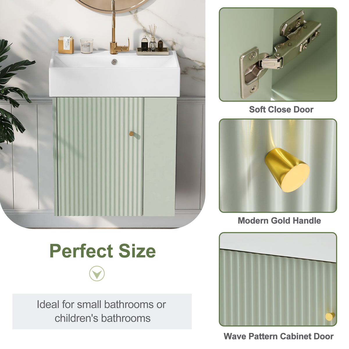 21.6" Floating Bathroom Vanity with Sink, Slim Wall Mounted Bathroom Vanity with Ceramic Basin & Overflow, Wave Pattern Door with Rose Gold Handle, Soft Close Door,Green