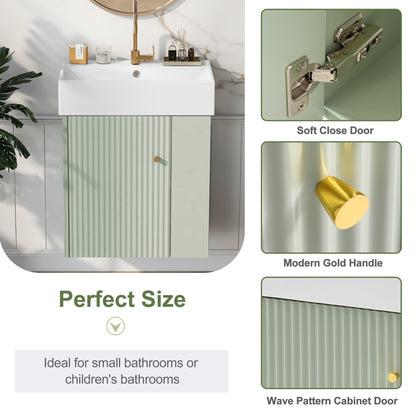 21.6" Floating Bathroom Vanity with Sink, Slim Wall Mounted Bathroom Vanity with Ceramic Basin & Overflow, Wave Pattern Door with Rose Gold Handle, Soft Close Door,Green