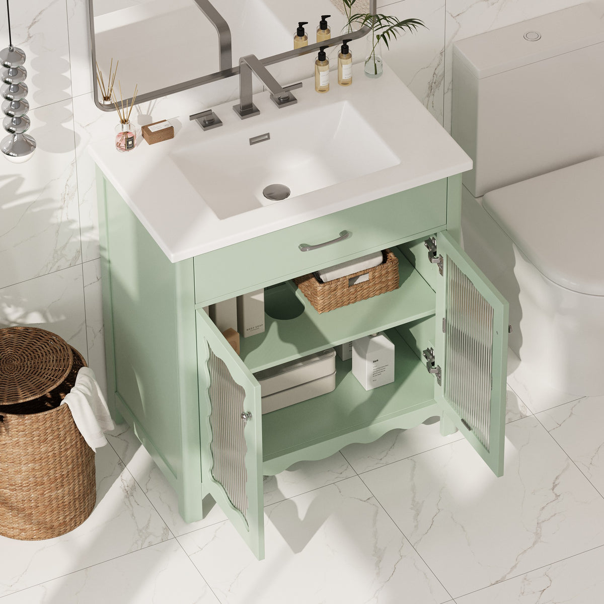 31" Bathroom Vanity with Sink, Modern Bathroom Vanity with Tempered Glass Doors & Deep Ceramic Sink, Soft Close Door, Adjustable Shelf, Curved Design,Green