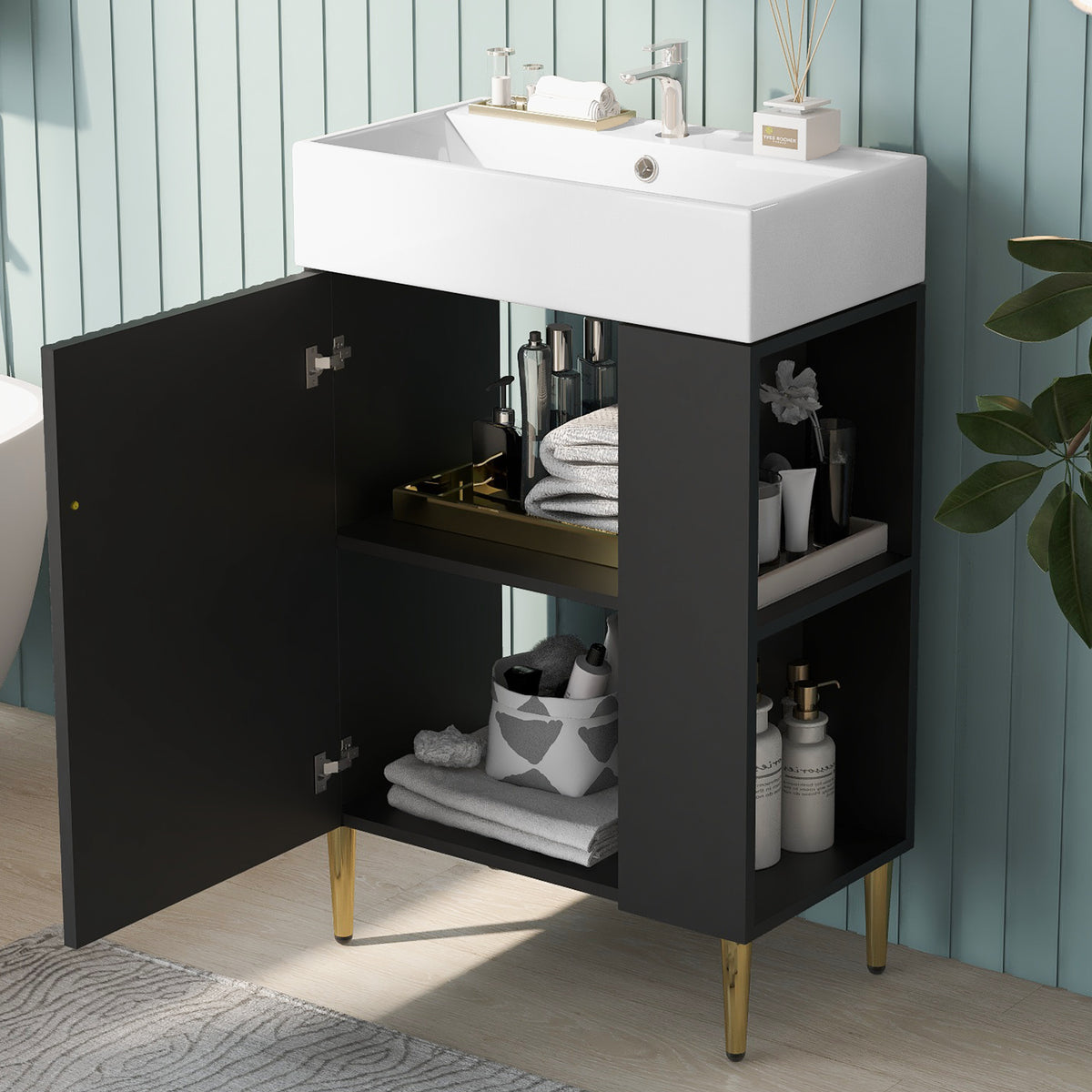 21.6" Bathroom Vanity with Sink, Slim Freestanding Bathroom Vanity Cabinet with Ceramic Sink & Overflow, Gold Metal Legs, Soft Close Door, for Small Bathroom,,Black