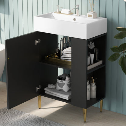 21.6" Bathroom Vanity with Sink, Slim Freestanding Bathroom Vanity Cabinet with Ceramic Sink & Overflow, Gold Metal Legs, Soft Close Door, for Small Bathroom,,Black