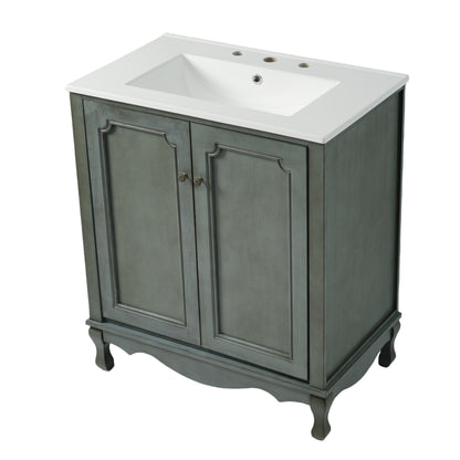 31" Bathroom Vanity with Sink, Antique Bathroom Vanity with Rectangular Ceramic Sink & Tip-Out Tray, Rubber Wood Legs, Soft Close Door,Antique blue green