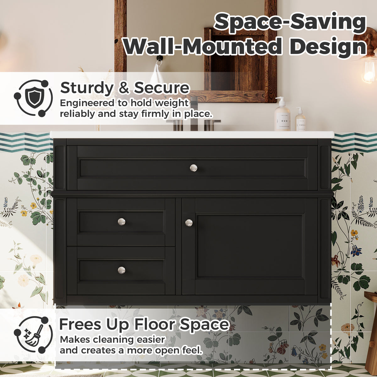 36" Floating Bathroom Vanity with Sink, Wall Mounted Bathroom Vanity with 2 Drawers & Tip-Out Tray, Etched Stripe Design, Ceramic Sink with Overflow, Adjustable Height,Black