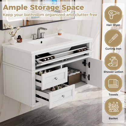 36" Floating Bathroom Vanity with Sink, Wall Mounted Bathroom Vanity with 2 Drawers & Tip-Out Tray, Etched Stripe Design, Ceramic Sink with Overflow, Adjustable Height,White