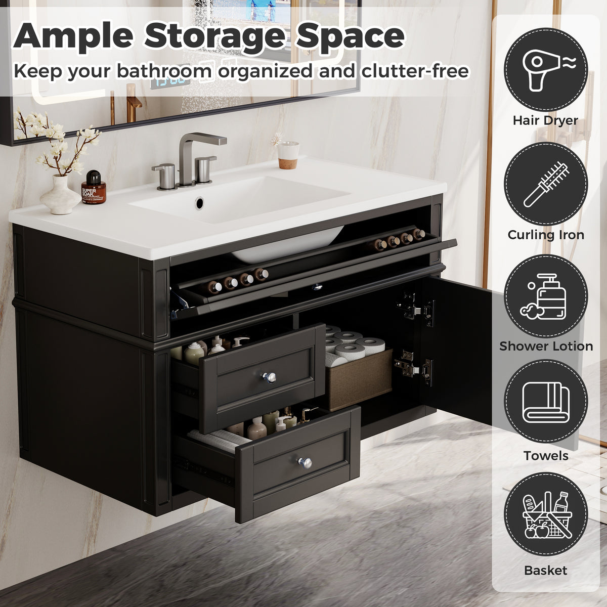 36" Floating Bathroom Vanity with Sink, Wall Mounted Bathroom Vanity with 2 Drawers & Tip-Out Tray, Etched Stripe Design, Ceramic Sink with Overflow, Adjustable Height,Black