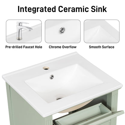 20" Bathroom Vanity with Sink, Small Freestanding Bathroom Vanity Cabinet with Tilt-Out Drawer & Adjustable Shelf, Soft Close Door, Gold Knobs,Green