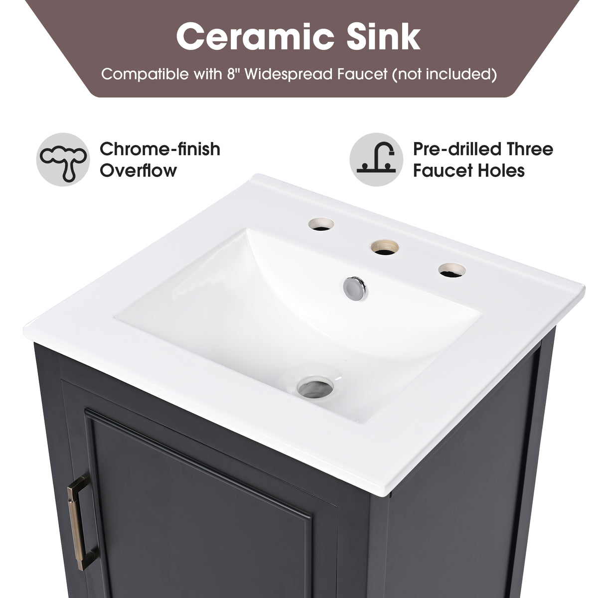20" Bathroom Vanity with Sink, Half-Moon Ceramic Sink Basin with 3-Hole Faucet Mount, Bathroom Storage Cabinet with Drawer & Door Rack, Retro Gold Handle, Black