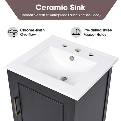 20" Bathroom Vanity with Sink, Half-Moon Ceramic Sink Basin with 3-Hole Faucet Mount, Bathroom Storage Cabinet with Drawer & Door Rack, Retro Gold Handle, Black
