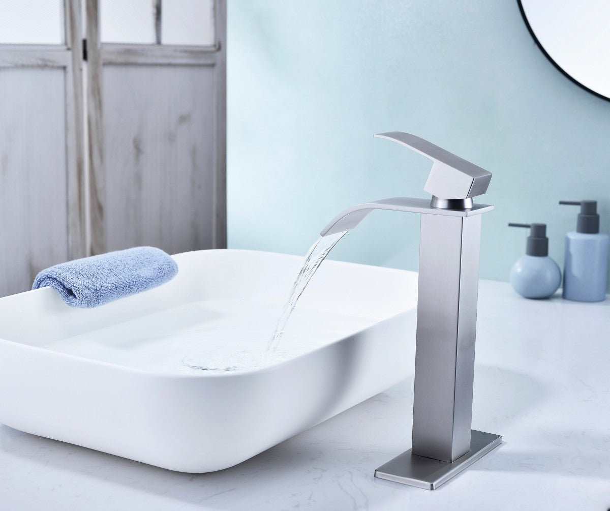 Bathroom Single Hole or Three Hole Vessel Sink Faucet Brushed Nickel Single Handle With Deck Plate and Pop-up Drain W928P225118