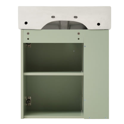 21.6" Floating Bathroom Vanity with Sink, Slim Wall Mounted Bathroom Vanity with Ceramic Basin & Overflow, Wave Pattern Door with Rose Gold Handle, Soft Close Door,Green