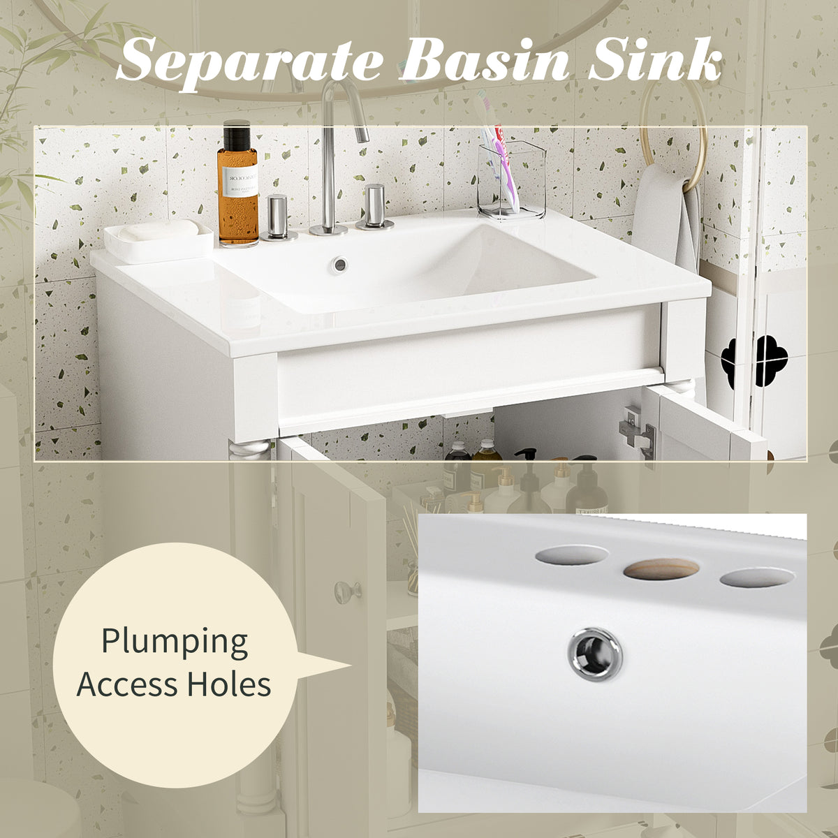 24" Bathroom Vanity with Sink, Modern Bathroom Vanity Cabinet with Enclosed Storage Door, 32mm Faucet Hole Ceramic Basin, Easy Assembly,White