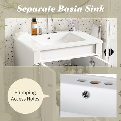24" Bathroom Vanity with Sink, Modern Bathroom Vanity Cabinet with Enclosed Storage Door, 32mm Faucet Hole Ceramic Basin, Easy Assembly,White