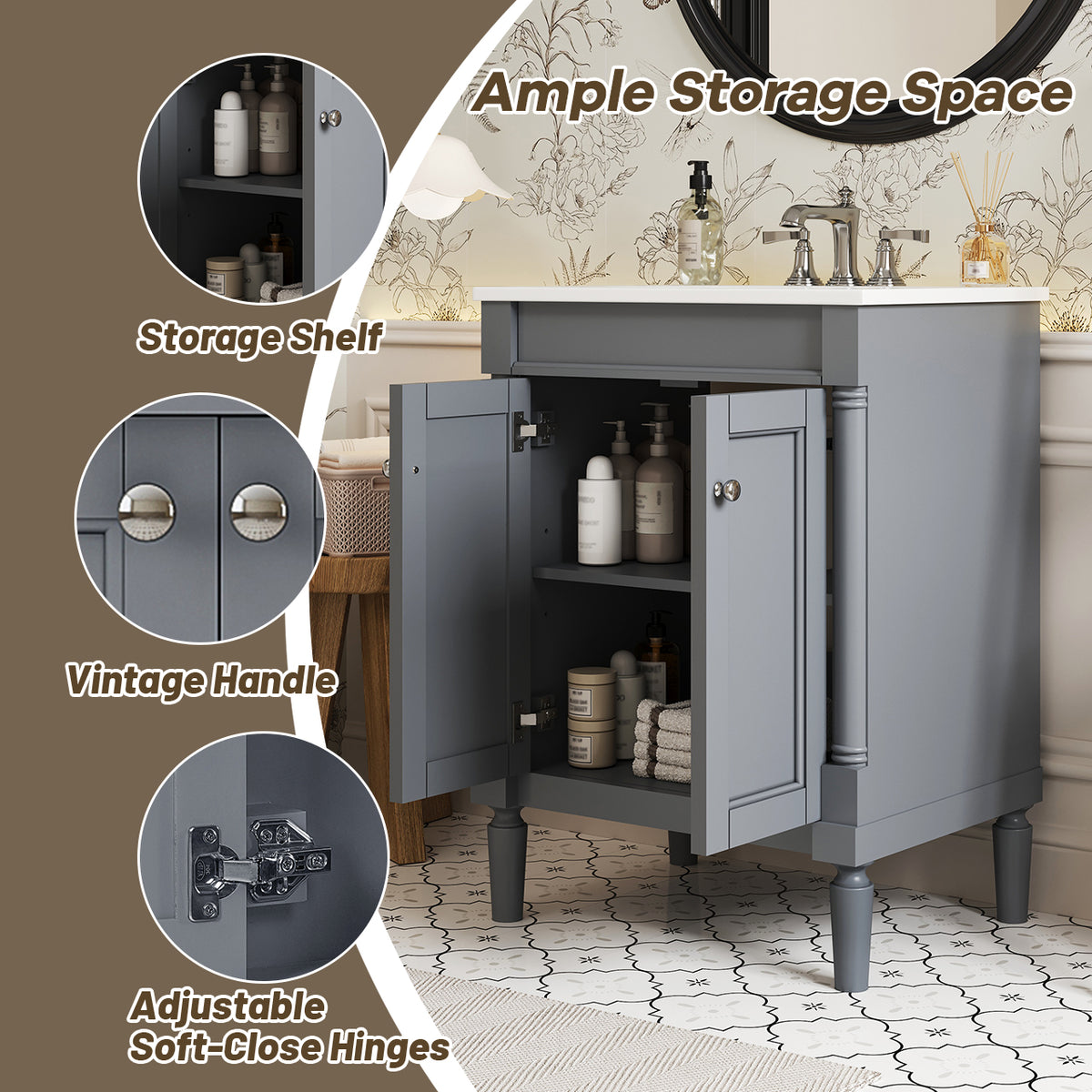 24" Bathroom Vanity with Sink, French Style Small Bathroom Vanity with Semi-Circular Column Design, Ceramic Sink with Overflow, Soft Close Door,Grey