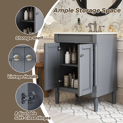24" Bathroom Vanity with Sink, French Style Small Bathroom Vanity with Semi-Circular Column Design, Ceramic Sink with Overflow, Soft Close Door,Grey