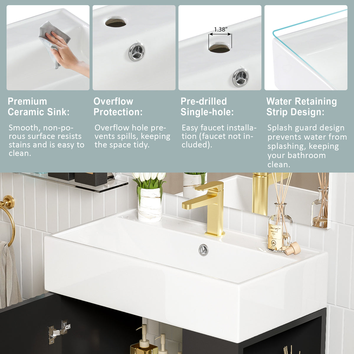 21.6" Bathroom Vanity with Sink, Slim Freestanding Bathroom Vanity Cabinet with Ceramic Sink & Overflow, Gold Metal Legs, Soft Close Door, for Small Bathroom,,Black