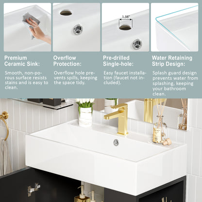 21.6" Bathroom Vanity with Sink, Slim Freestanding Bathroom Vanity Cabinet with Ceramic Sink & Overflow, Gold Metal Legs, Soft Close Door, for Small Bathroom,,Black