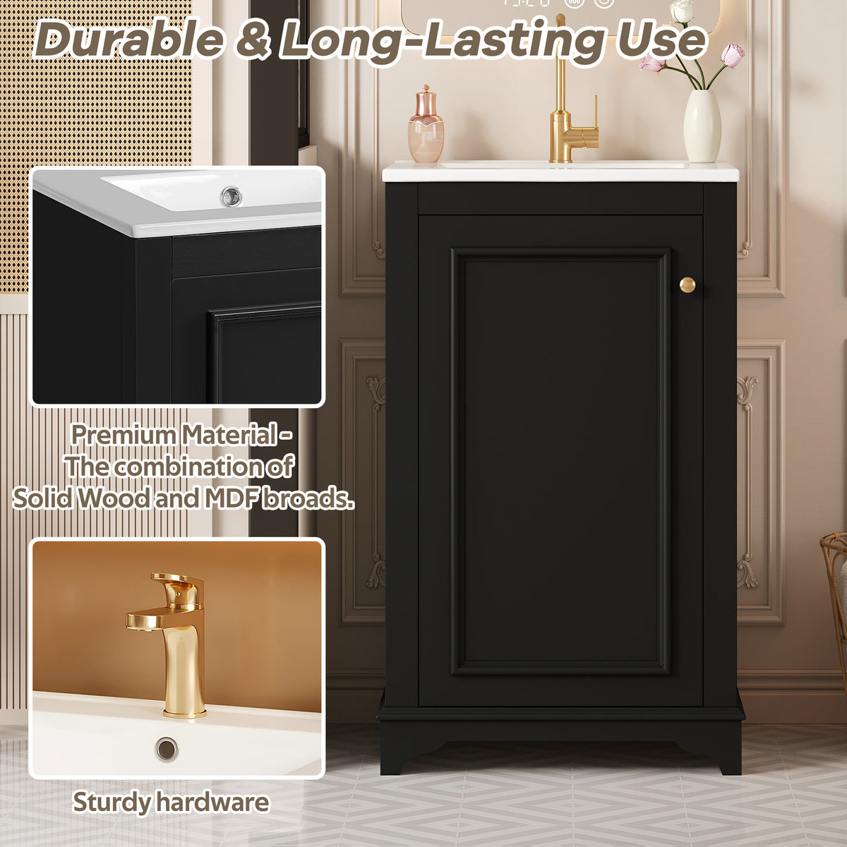 20" Shaker Style Bathroom Vanity with Sink, Small Bathroom Vanity Cabinet with Integrated Ceramic Sink, Soft Close Door, Solid Wood & MDF,Black