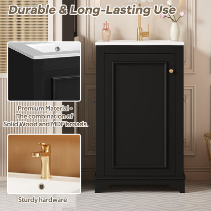 20" Shaker Style Bathroom Vanity with Sink, Small Bathroom Vanity Cabinet with Integrated Ceramic Sink, Soft Close Door, Solid Wood & MDF,Black