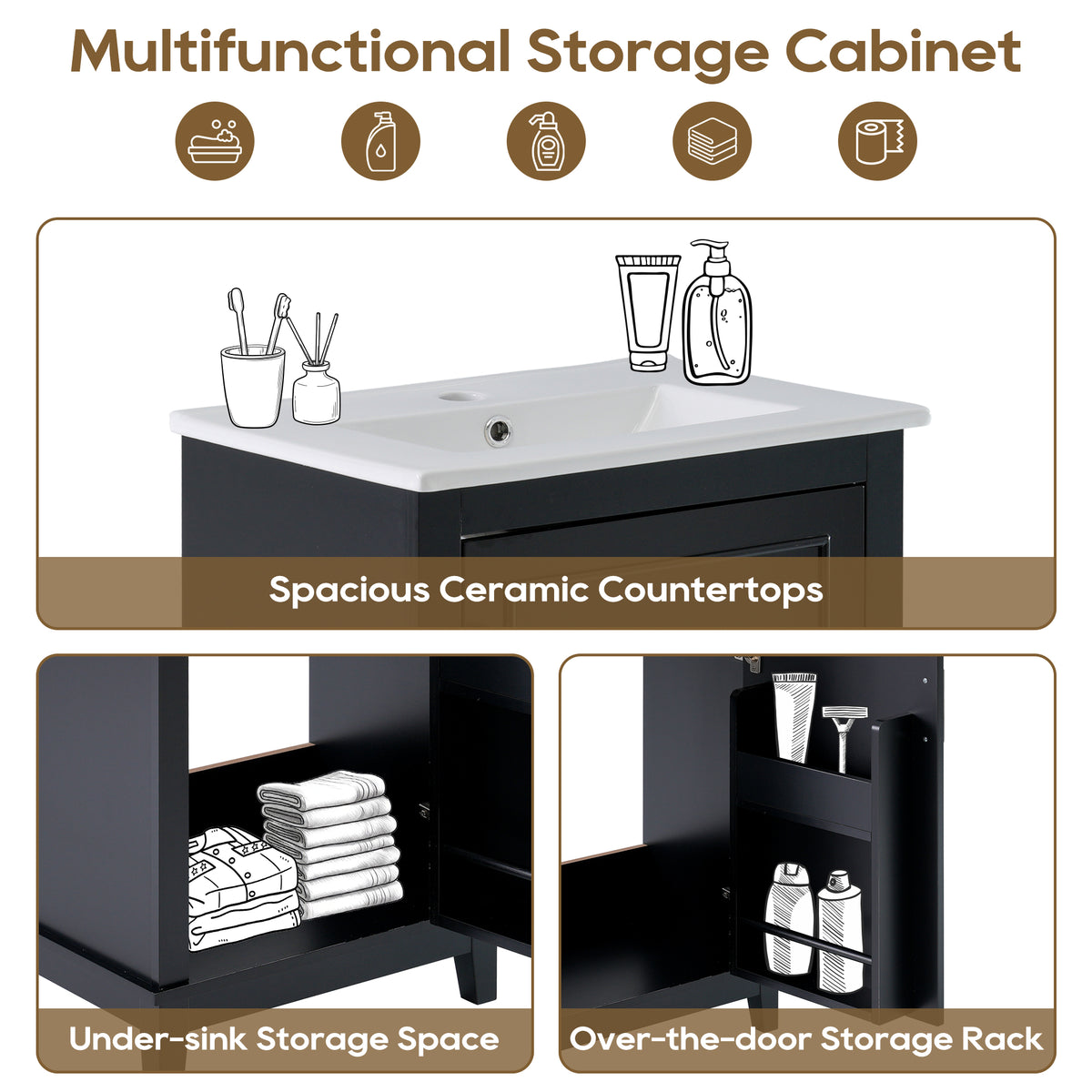 20" Bathroom Vanity with Sink, Minimalist Bathroom Vanity Cabinet with Double Door Shelves & Overflow Ceramic Sink, Soft Close Door, Solid Wood Legs,Black