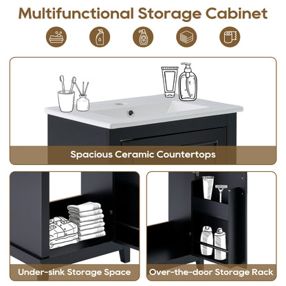 20" Bathroom Vanity with Sink, Minimalist Bathroom Vanity Cabinet with Double Door Shelves & Overflow Ceramic Sink, Soft Close Door, Solid Wood Legs,Black