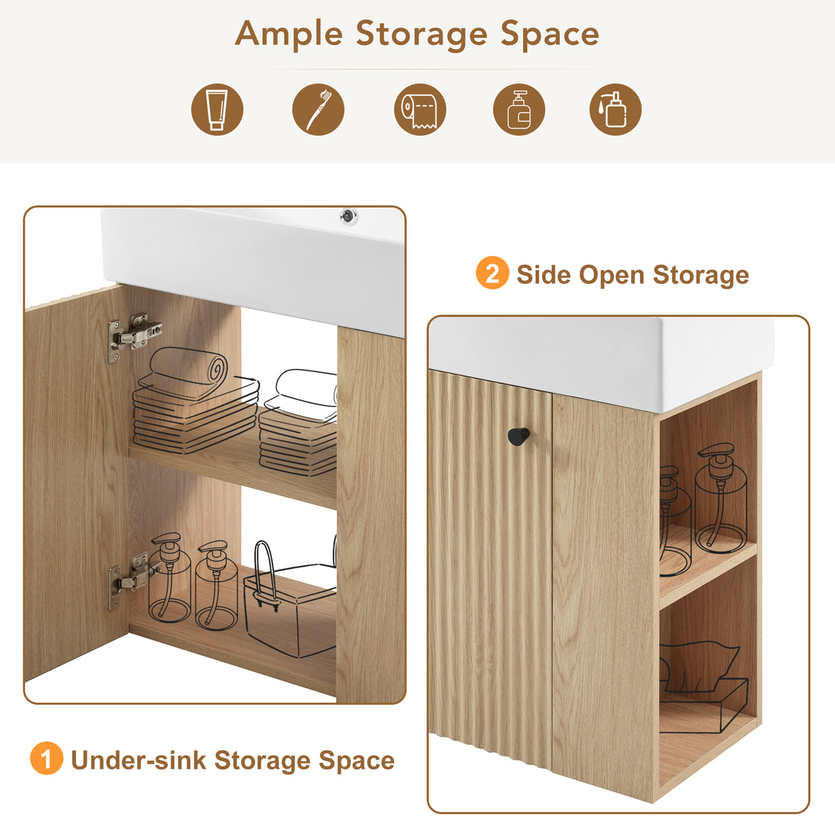 21.6" Floating Bathroom Vanity with Sink, Slim Wall Mounted Bathroom Vanity with Ceramic Basin & Overflow, Wave Pattern Door with Rose Gold Handle, Soft Close Door,Wood