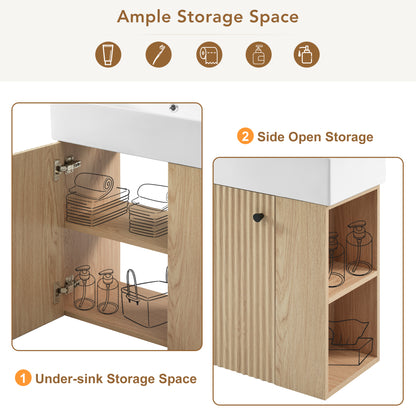 21.6" Floating Bathroom Vanity with Sink, Slim Wall Mounted Bathroom Vanity with Ceramic Basin & Overflow, Wave Pattern Door with Rose Gold Handle, Soft Close Door,Wood