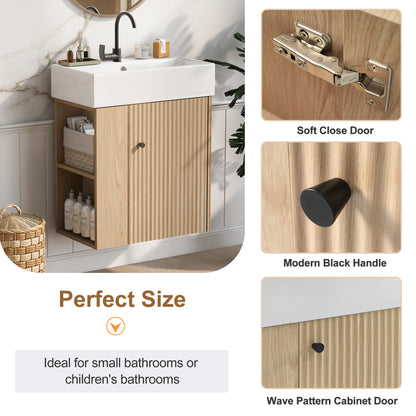 21.6" Floating Bathroom Vanity with Sink, Slim Wall Mounted Bathroom Vanity with Ceramic Basin & Overflow, Wave Pattern Door with Rose Gold Handle, Soft Close Door,Wood