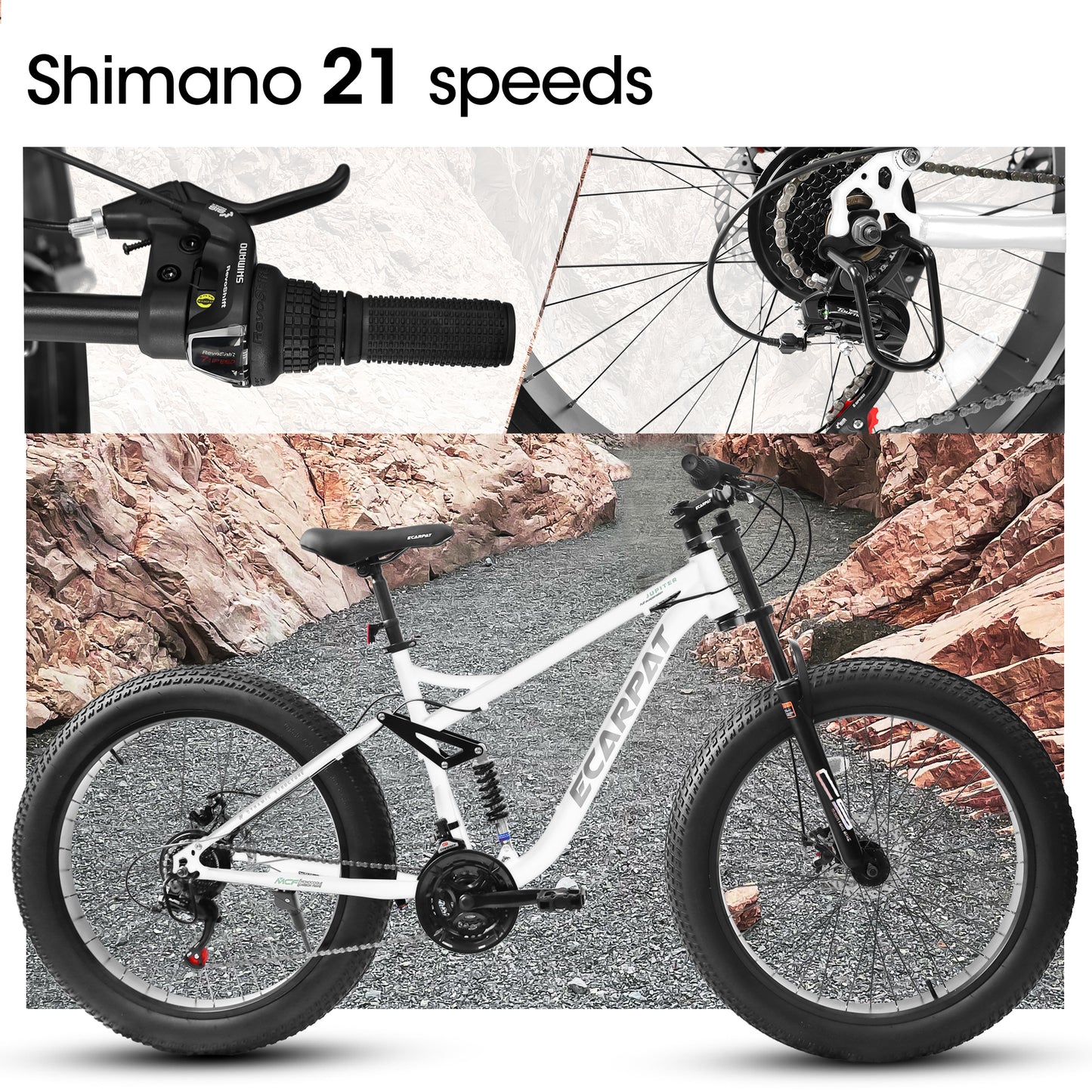 26x4 Inch Fat Tire Mountain Bike Shimano 21 Speed Dual Disc Brake Dual Suspension Trail Bike, Urban Commuter City Bicycle Adult or Youth Whitre