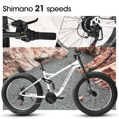 26x4 Inch Fat Tire Mountain Bike Shimano 21 Speed Dual Disc Brake Dual Suspension Trail Bike, Urban Commuter City Bicycle Adult or Youth Whitre