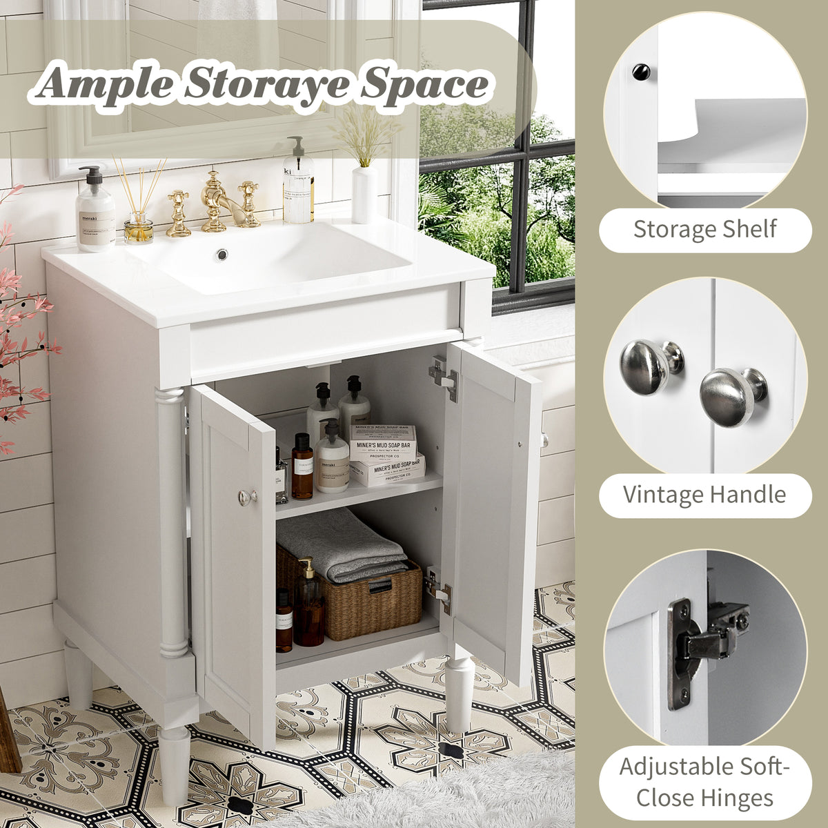 24" Bathroom Vanity with Sink, Modern Bathroom Vanity Cabinet with Enclosed Storage Door, 32mm Faucet Hole Ceramic Basin, Easy Assembly,White