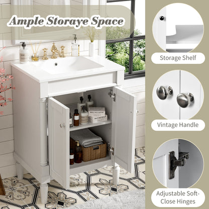 24" Bathroom Vanity with Sink, Modern Bathroom Vanity Cabinet with Enclosed Storage Door, 32mm Faucet Hole Ceramic Basin, Easy Assembly,White