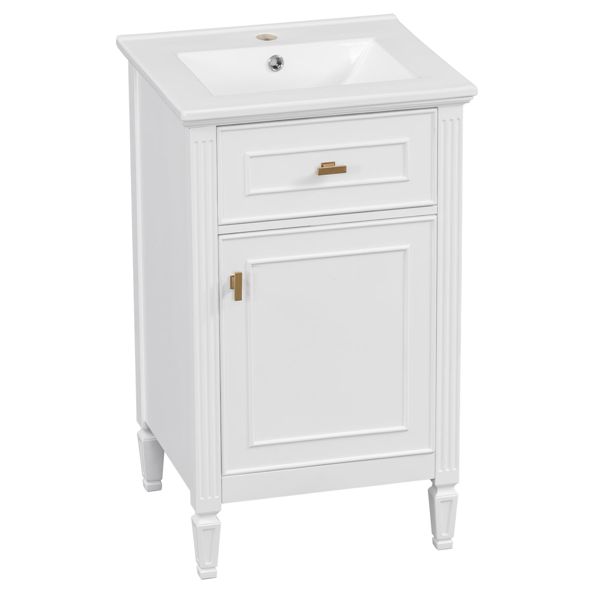 20" Bathroom Vanity with Sink, Small Freestanding Bathroom Vanity Cabinet with Tilt-Out Drawer & Adjustable Shelf, Soft Close Door, Gold Knobs,White
