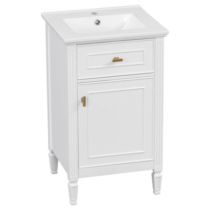 20" Bathroom Vanity with Sink, Small Freestanding Bathroom Vanity Cabinet with Tilt-Out Drawer & Adjustable Shelf, Soft Close Door, Gold Knobs,White