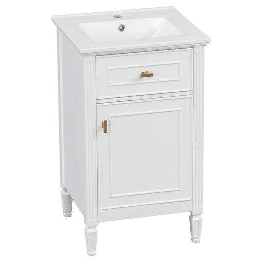 20" Bathroom Vanity with Sink, Small Freestanding Bathroom Vanity Cabinet with Tilt-Out Drawer & Adjustable Shelf, Soft Close Door, Gold Knobs,White