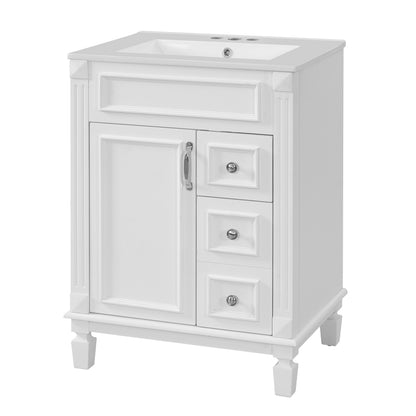 24" Bathroom Vanity with Sink, French Style Bathroom Vanity with 2 Deep Drawers & Adjustable Shelf, Ceramic Sink for 4-Inch Faucet, Soft Close Door,White