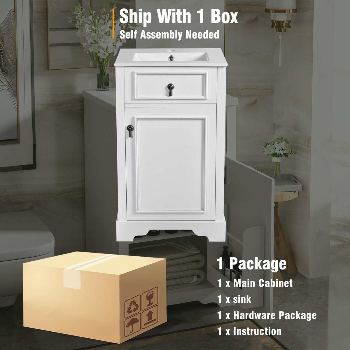20" Bathroom Vanity with Sink, Classic Modern Bathroom Vanity Cabinet with U-Shaped Adjustable Shelf & Door Rack, Soft Close Door, Aluminum Handle,White