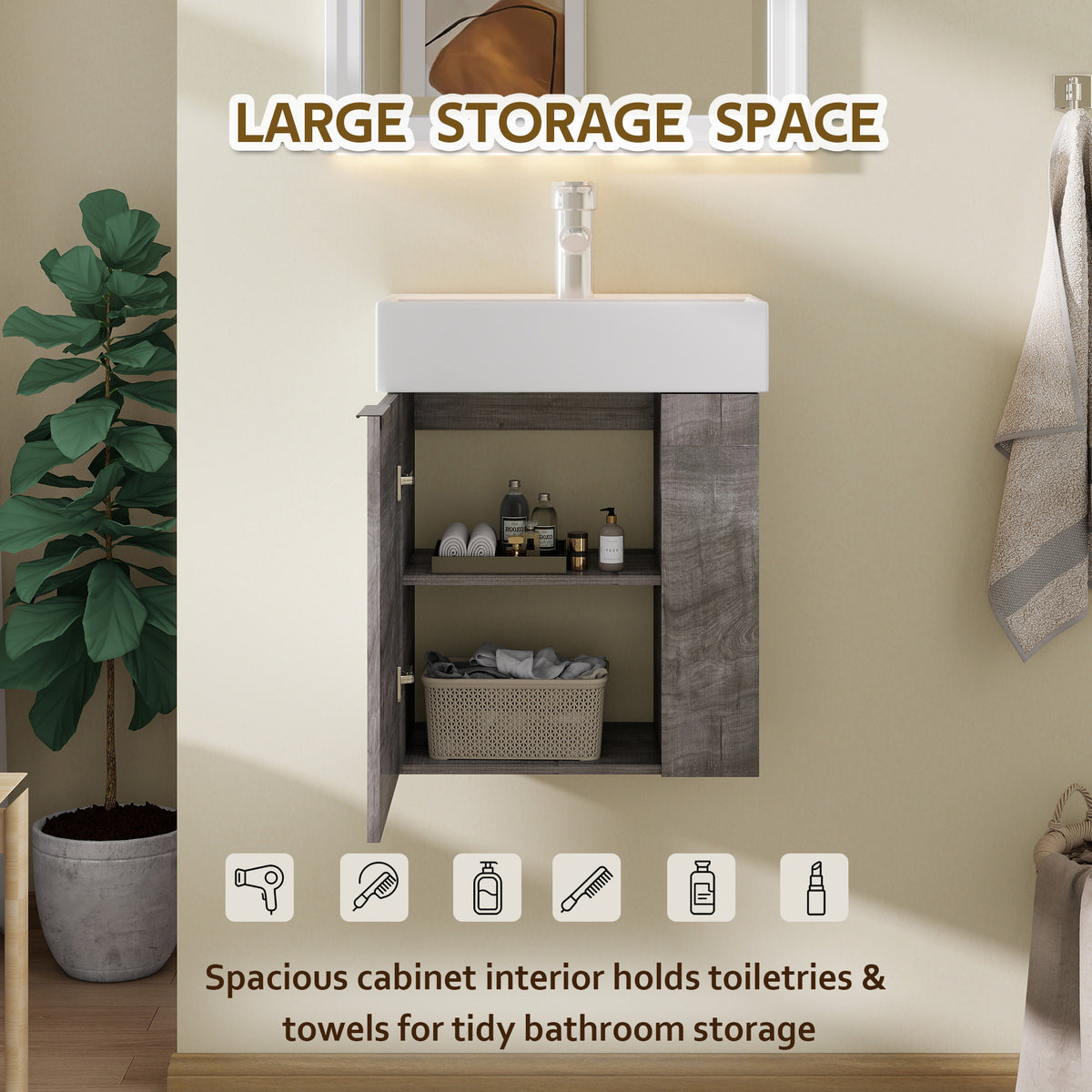 21.6" Floating Bathroom Vanity with Sink, Modern Wall Mounted Bathroom Vanity with Glossy White Ceramic Sink & Countertop, Soft Close Door, Plywood Storage Cabinet,Grey
