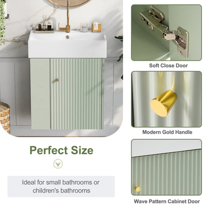 21.6" Floating Bathroom Vanity with Sink, Slim Wall Mounted Bathroom Vanity with Ceramic Basin & Overflow, Wave Pattern Door with Rose Gold Handle, Soft Close Door,Green