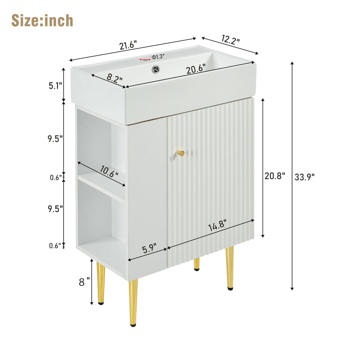 21.6" Bathroom Vanity with Sink, Slim Freestanding Bathroom Vanity Cabinet with Ceramic Sink & Overflow, Gold Metal Legs, Soft Close Door, for Small Bathroom,,White