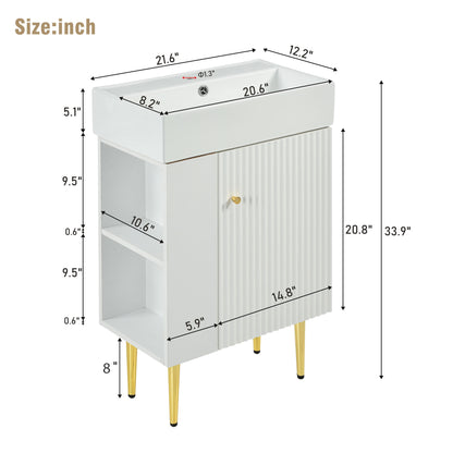 21.6" Bathroom Vanity with Sink, Slim Freestanding Bathroom Vanity Cabinet with Ceramic Sink & Overflow, Gold Metal Legs, Soft Close Door, for Small Bathroom,,White