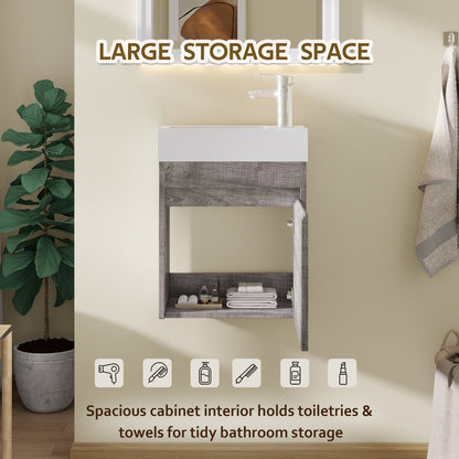 18" Floating Bathroom Vanity with Sink, Modern Wall Mounted Bathroom Vanity with Glossy White Ceramic Sink & Countertop, Soft Close Door, Plywood Storage Cabinet,Grey