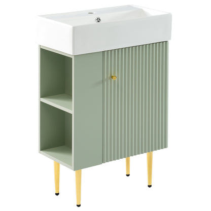 21.6" Bathroom Vanity with Sink, Slim Freestanding Bathroom Vanity Cabinet with Ceramic Sink & Overflow, Gold Metal Legs, Soft Close Door, for Small Bathroom,,Green