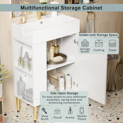 21.6" Bathroom Vanity with Sink, Slim Freestanding Bathroom Vanity Cabinet with Ceramic Sink & Overflow, Gold Metal Legs, Soft Close Door, for Small Bathroom,,White