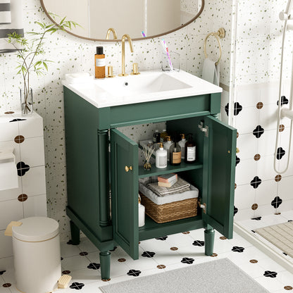 24" Bathroom Vanity with Sink, Modern Bathroom Vanity Cabinet with Enclosed Storage Door, 32mm Faucet Hole Ceramic Basin, Easy Assembly,Green