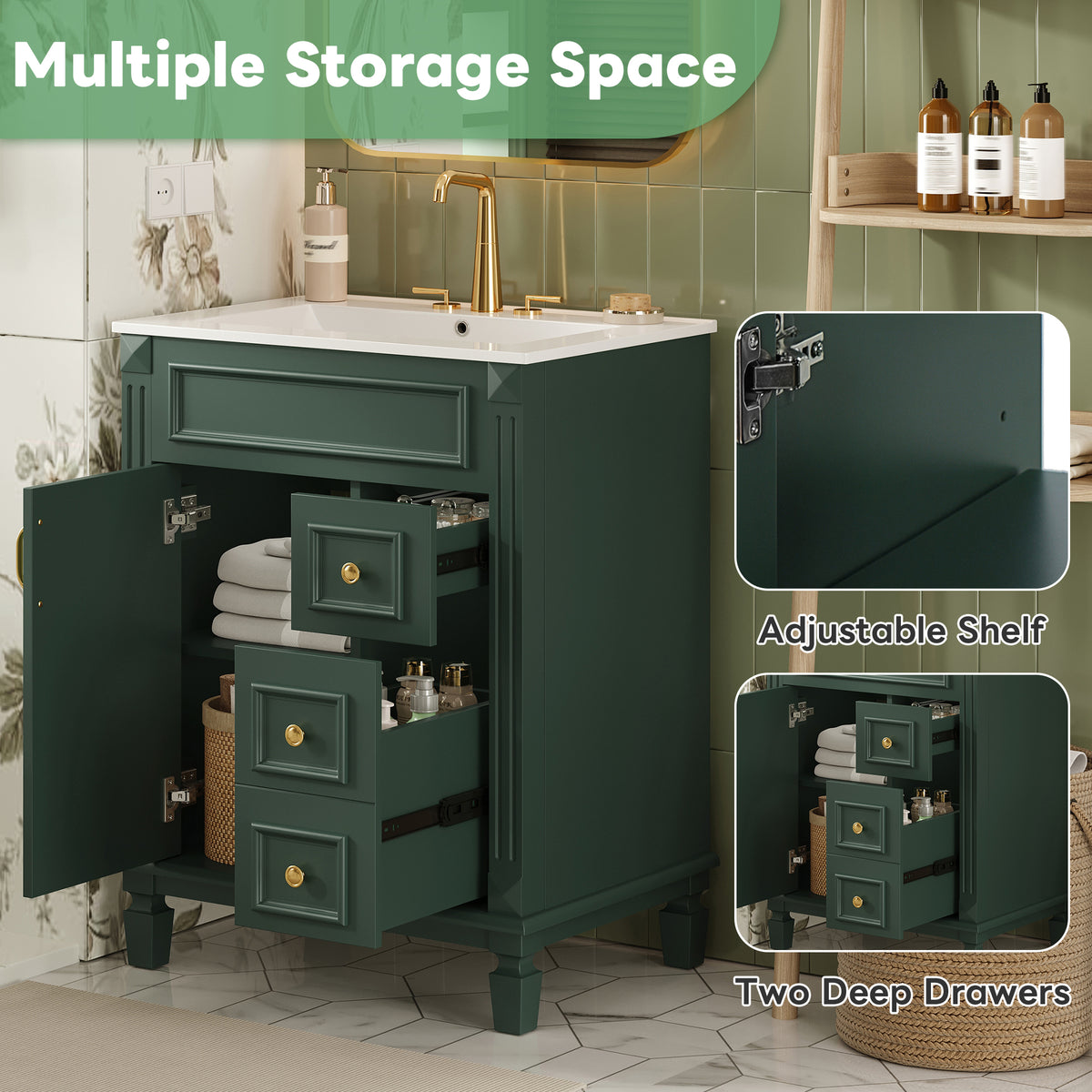 24" Bathroom Vanity with Sink, French Style Bathroom Vanity with 2 Deep Drawers & Adjustable Shelf, Ceramic Sink for 4-Inch Faucet, Soft Close Door,Green