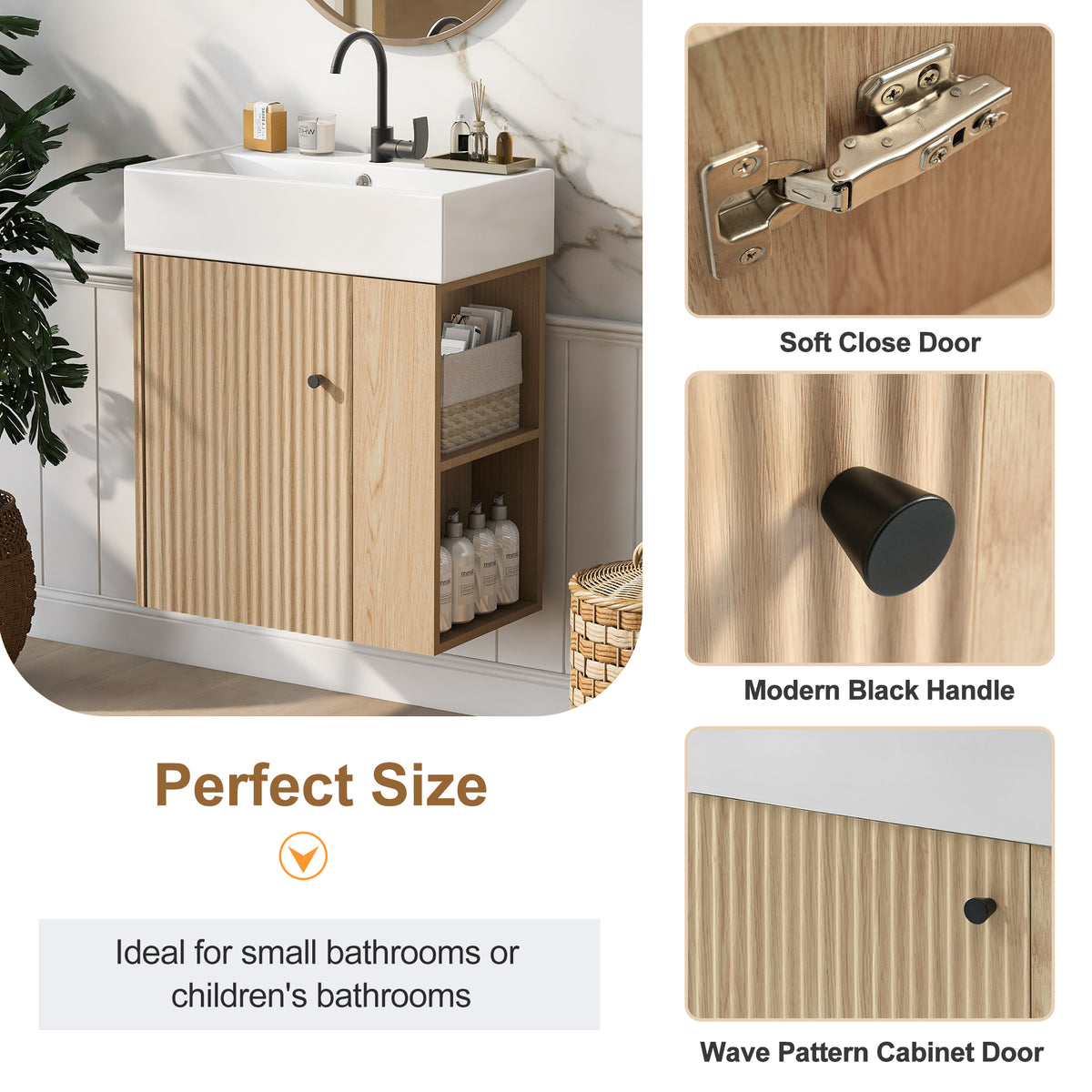 21.6" Floating Bathroom Vanity with Sink, Slim Wall Mounted Bathroom Vanity with Ceramic Basin & Overflow, Wave Pattern Door with Rose Gold Handle, Soft Close Door,Wood