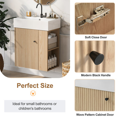 21.6" Floating Bathroom Vanity with Sink, Slim Wall Mounted Bathroom Vanity with Ceramic Basin & Overflow, Wave Pattern Door with Rose Gold Handle, Soft Close Door,Wood